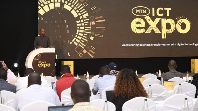 MTN Ugada General Manager of Enterprise Business Unit, Ibrahim Senyonga giving opening remarks at the MTN ICT Expo. (PHOTO: MTN Uganda)