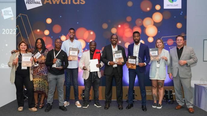 Winners of the 2022 Africa Tech Festival Awards pose for a group photo with their accolades. COURTESY PHOTO / Africa Tech Festival Awards