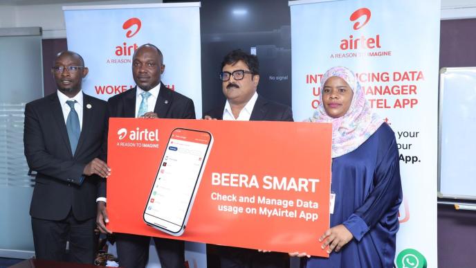 In Pictorial (L-R): Public and Corporate Communications Manager at Airtel Uganda; David Birungi, Head of Information Technology and Security at UCC; Michael Bamwesigye, Airtel Uganda’s MD; Manoj Murali, and Customer Experience Director at Airtel Uganda, Joweria Nabakka unveil a new solution that allows Airtel customers monitor their data usage.