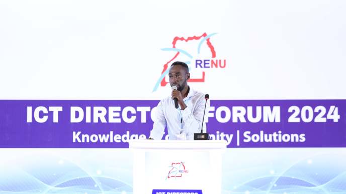 Ambrose Ahurra, Network Engineer at Simplifi Networks speaking at the ICT Directors Forum organized by the Research and Education Network for Uganda (RENU). COURTESY PHOTO