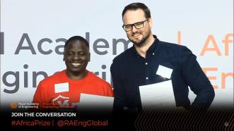 Anatoli Kirigwajjo (left) from Uganda and Edmund Wessels (right) from South Africa were joint winners in the Africa Prize for Engineering competition in Accra, Ghana.