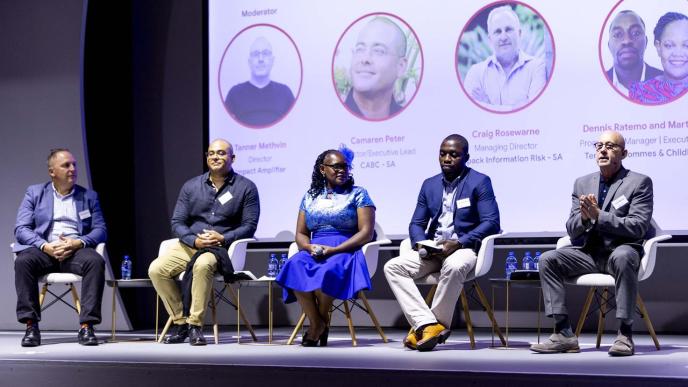 Panelists (L-R): Craig Rosewarne, Camaren Peter, Martha Sunda, and Dennis Ratemo discuss various aspects of the online safety challenges faced in Africa during the launch of the Africa Online Safety Platform in Johannesburg, South Africa on Feb. 6th, 2024. Discussion was moderated by Tanner Methvin (extreme right); Director of Impact Amplifier. COURTESY PHOTO