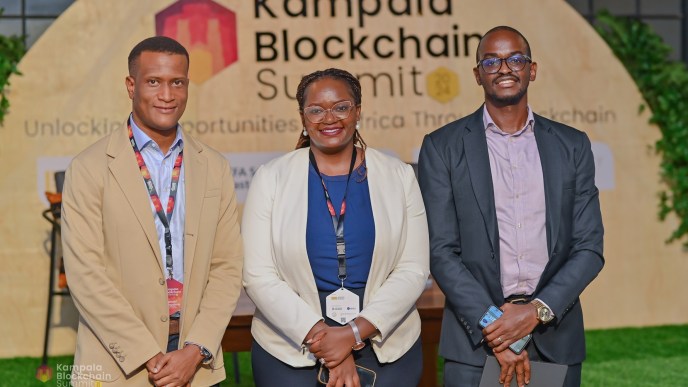 (L-R): Reginald Tumusiime; Chairman of Blockchain Association of Uganda, Edline Murungi; Vice President of Blockchain Association of Uganda, and Edwin Rwemigabo, CFA - Investment Professional pose for a photo after announcing the second edition of the Blockchain Innovation Program. PHOTO: NZE EVE Photography