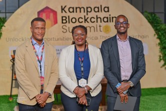 (L-R): Reginald Tumusiime; Chairman of Blockchain Association of Uganda, Edline Murungi; Vice President of Blockchain Association of Uganda, and Edwin Rwemigabo, CFA - Investment Professional pose for a photo after announcing the second edition of the Blockchain Innovation Program. PHOTO: NZE EVE Photography