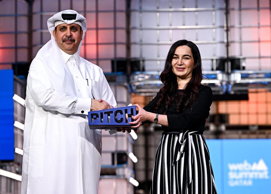 Breshna was named winner of Web Summit Qatar’s startup competition. Breshna founder and CEO Mariam Nusrat (right) receiving the PITCH accolade. PHOTO: Web Summit Qatar