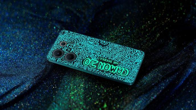 The back panel of the Tecno Camon 20 Doodle gives off a fluorescent glow at night after absorbing daylight showing doodle art by Mr. Doodle, a UK-based artist.