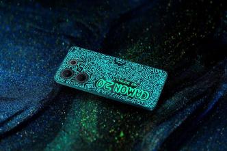 The back panel of the Tecno Camon 20 Doodle gives off a fluorescent glow at night after absorbing daylight showing doodle art by Mr. Doodle, a UK-based artist.