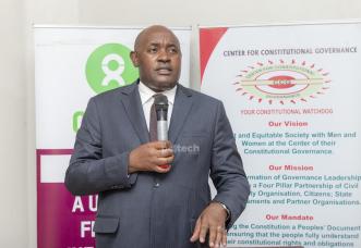 Dr. Chris Baryomunsi, Minister of ICT and National Guidance speaking at the launch of the ReCIPE Project, an initiative of Oxfam and the Center for Constitutional Governance at Fairway Boutique Hotel in Kampala. PHOTO: PC Tech Magazine