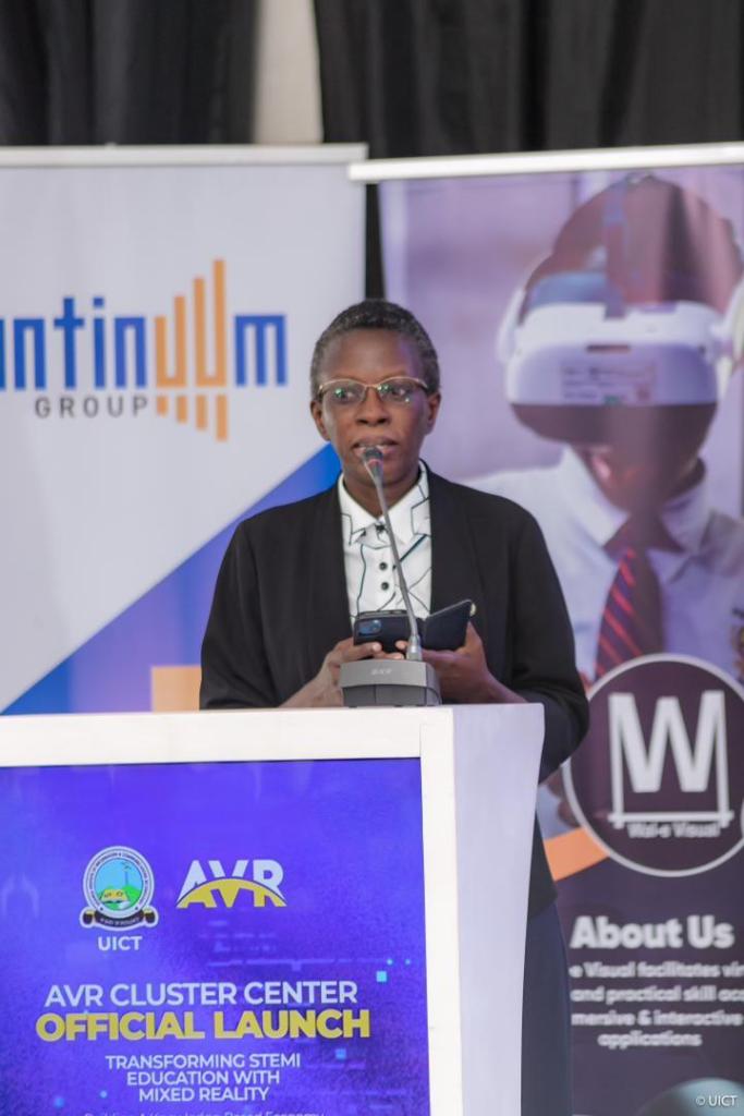 Eng. Christine Mugimba, Director of ICT and Research at UCC speaking at the launch of the AVR Cluster Center at UICT. Courtesy Photo/UICT