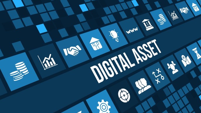 Digital asset concept image with business icons and copyspace.