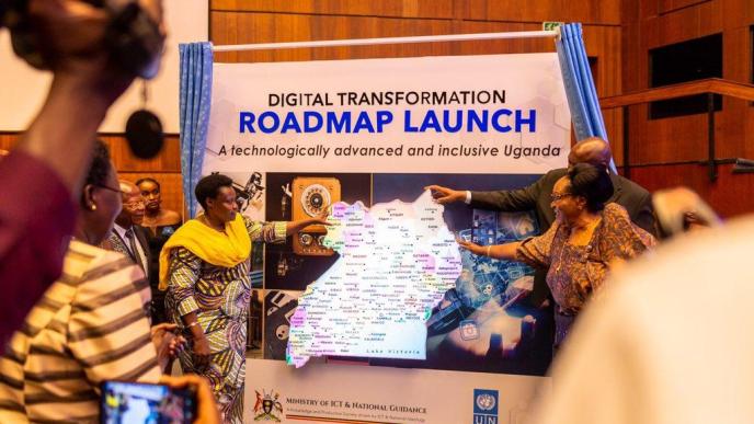 The Vice President of the Republic of Uganda, H.E Jessica Alupo (left) officially launches the Digital Transformation Roadmap. COURTESY PHOTO