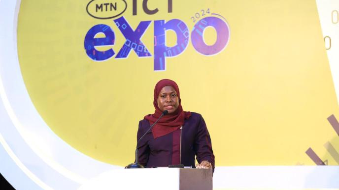 The Permanent Secretary for the Ministry of ICT and National Guidance, Dr. Aminah Zawedde, speaking at the MTN ICT Expo 2024 at Mestil Hotel in Kampala. Courtesy Photo