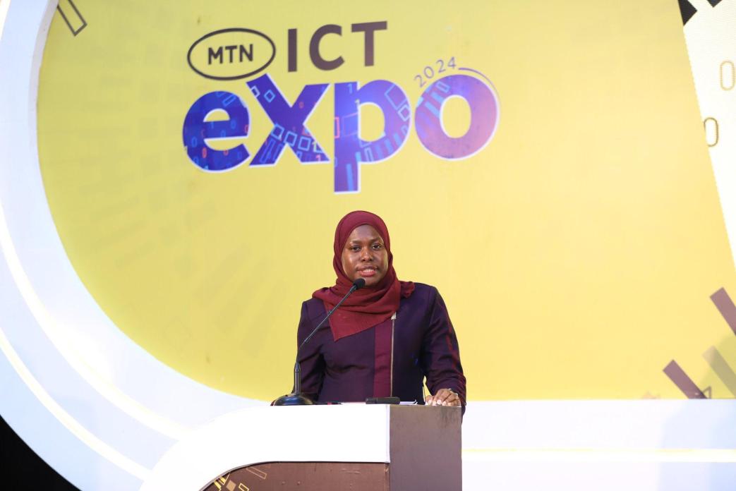 The Permanent Secretary for the Ministry of ICT and National Guidance, Dr. Aminah Zawedde, speaking at the MTN ICT Expo 2024 at Mestil Hotel in Kampala. Courtesy Photo