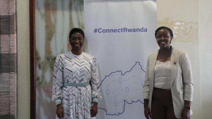 Hon. Paula Ingabire (right), Minister of ICT and Innovation of Rwanda and Ms. Irene Ochem, Founder & CEO of AWIEF, pose for a photo while at the Ministry of ICT and Innovation, Kigali, Rwanda. (Courtesy Photo)