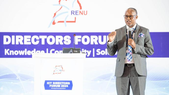 Godfrey Sserwamukoko, General Manager of Raxio Data Centre addresses the audience at the 2024 Renu ICT Directors Forum held from July 18 to 19, 2024, at Speke Resort Munyonyo. Courtesy Photo/Raxio