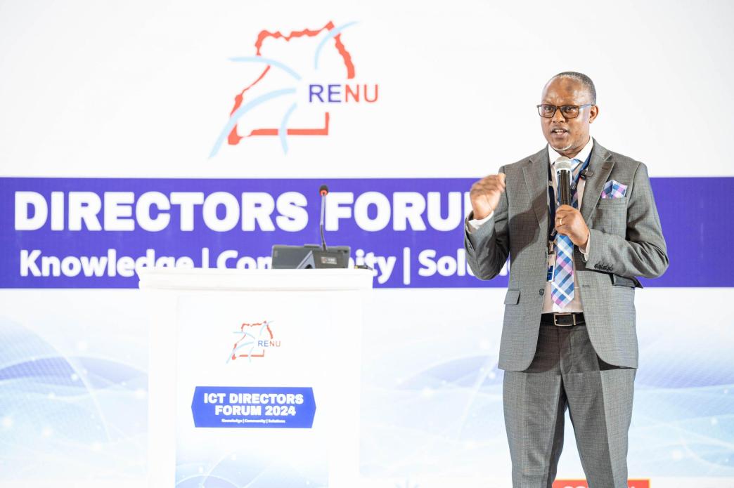 Godfrey Sserwamukoko, General Manager of Raxio Data Centre addresses the audience at the 2024 Renu ICT Directors Forum held from July 18 to 19, 2024, at Speke Resort Munyonyo. Courtesy Photo/Raxio