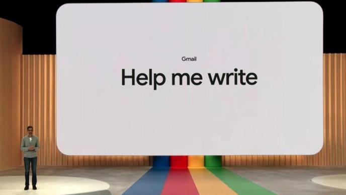 Google CEO, Sundar Pichai at GOOGLE's IO 2023 unveiling the Help Me Write feature, which will allow/help users write mails. COURTESY PHOTO