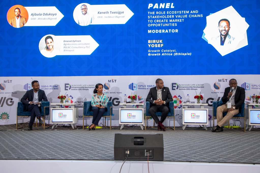 TechBuzz CEO and Founder, Keneth Twesigye (extreme right) in a panel session the Global Startup Awards, with other panelists discuss "The role ecosystem and stakeholder value chains to create market opportunities." Courtesy Photo