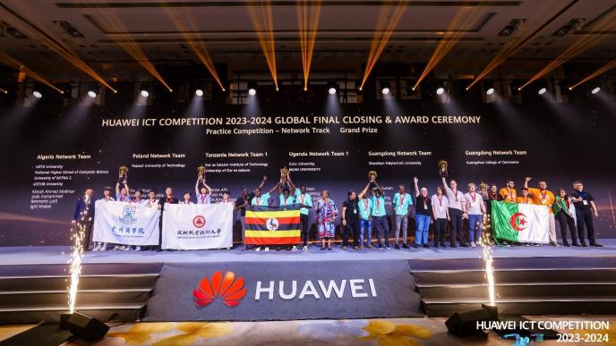 Students from Gulu University and Muni University (with the Uganda flag) who represented Uganda at the Huawei ICT Competition 2023/24 in China win the grand prize in Network Track. COURTESY PHOTO / Huawei