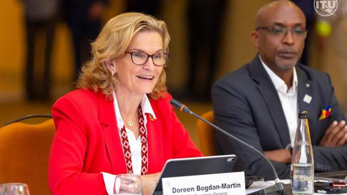 International Telecommunication Union (ITU) Secretary-General, Doreen Bogdan-Martin addressing the guests and press at the opening ceremony of the ITU Global Symposium for Regulators, in Kampala, Uganda, at the Speke Resort and Convention Centre, Munyonyo. PHOTO: via X, @ITUSecGen