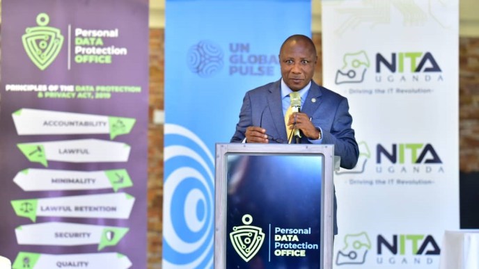 Hon. Kabbyanga Godfery, Minister of State for National Guidance speaking at the Data Privacy conference in Uganda.