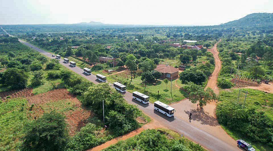 An aerial shot showing the eight 8-meter Kayoola EVS buses produced at Luweero Industries Limited in Nakasongola. PHOTO: Kiira Motors Corporation