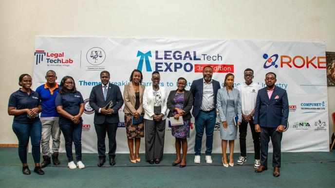 Representatives from Roke Telkom, Innovation Village and Uganda Law Society pose for a group photo at the 3rd edition of the LegalTech expo where they advocated for digitalization to break barriers in the legal industry. PHOTO: The Innovation Village