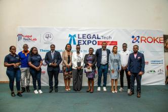 Representatives from Roke Telkom, Innovation Village and Uganda Law Society pose for a group photo at the 3rd edition of the LegalTech expo where they advocated for digitalization to break barriers in the legal industry. PHOTO: The Innovation Village