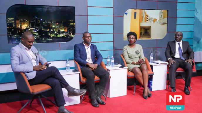 The Ministry of ICT and National Guidance officials (R-L): Michael Ocero; Asst. Commissioner E-Services, Shirley Gladys Nakyejwe; Senior IT Officer, and Amos Mpungu; Principle IT Officer with moderator Ben Mwine (extreme left) hosted at NBS's Monday Special talk show to highlight the achievements the ICT sector has had in the last five years. PHOTO: Nile Post