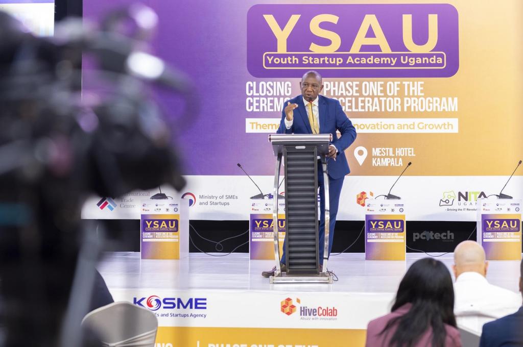 Moses Wasajja, Communications Commissioner at the Ministry of ICT and National Guidance speaking at the YSAU closing ceremony. PHOTO: PC Tech Magazine