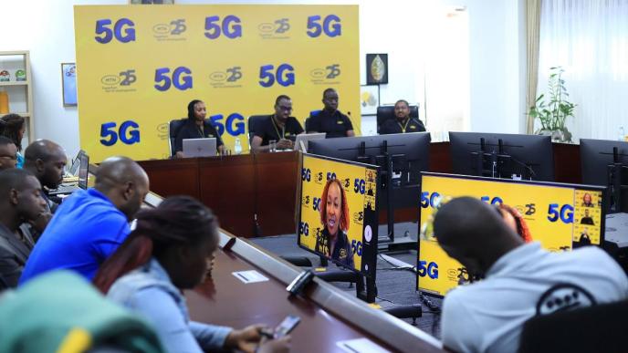 MTN Uganda Chief Executive Officer, Ms. Sylvia Mulinde remotely addressing the press using the 5G connection.