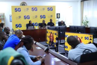 MTN Uganda Chief Executive Officer, Ms. Sylvia Mulinde remotely addressing the press using the 5G connection.