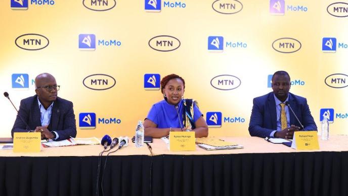 In pictorial (L-R): MTN Uganda CFO Andrew Bugembe, MTN Uganda CEO Sylvia Mulinge and MTN MoMo MD Richard Yego addressing the press at the MTN Uganda annual performance at their head quarters in Kampala on March 6th, 2024. COURESTY PHOTO