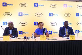 In pictorial (L-R): MTN Uganda CFO Andrew Bugembe, MTN Uganda CEO Sylvia Mulinge and MTN MoMo MD Richard Yego addressing the press at the MTN Uganda annual performance at their head quarters in Kampala on March 6th, 2024. COURESTY PHOTO