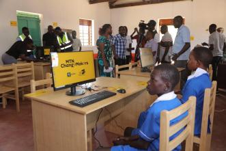 Pictured a group of students, community leaders, and MTN officials inside the newly refurbished state-of-art youth center in Tocau Karamoja that will foster digital literacy and promote education within the Karamoja region.