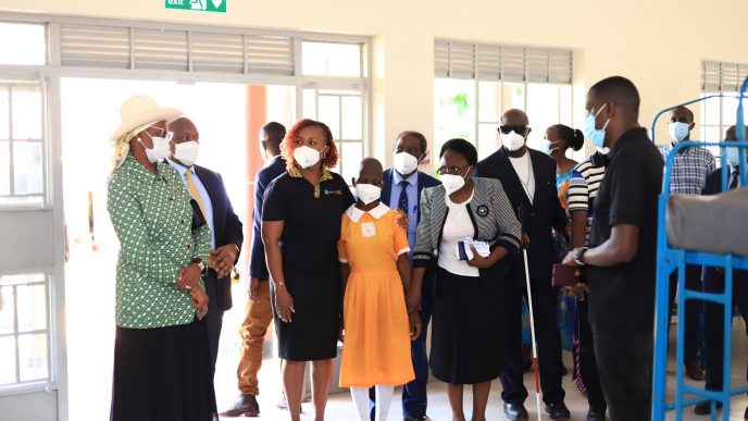 First Lady and Minister for Education and Sports, Janet Museveni (left), Charles Mbire, MTN Uganda Chairperson, and MTN Uganda Chief Executive Officer, Sylvia Mulinge at the commissioning of a computer library at the Salama School for the Blind in Mukono District.