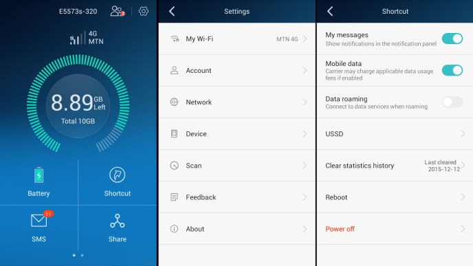 Some screenshots from the Huawei HiLink Smartphone app. The app even notifies you on your phone when the MiFi battery runs low.