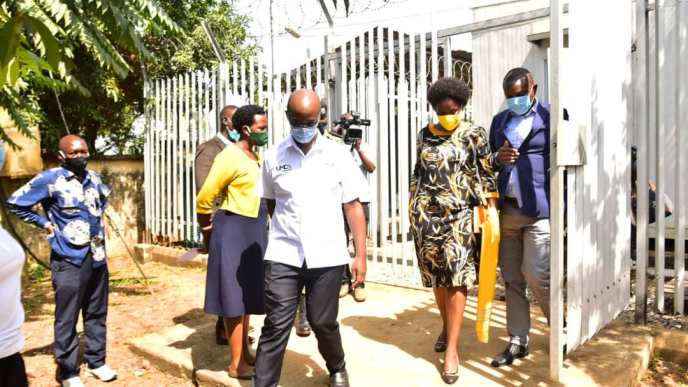 Minister for ICT and National Guidance, Hon. Judith Nabakooba tours the NBI transmission sites in Masaka accompanied by NITA-U ED, Dr. Hatwib Mugasa. (COURTESY PHOTO)