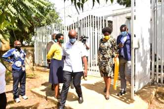 Minister for ICT and National Guidance, Hon. Judith Nabakooba tours the NBI transmission sites in Masaka accompanied by NITA-U ED, Dr. Hatwib Mugasa. (COURTESY PHOTO)