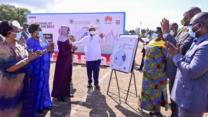 President Yoweri Museveni waves after launching the 2nd edition of the National ICT Job Fair at Kololo Independence Ground in 2023. PHOTO: Ministry of ICT and National Guidance/via X