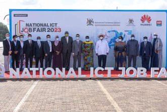 President Museveni (in white shirt) with the VP, Jessica Alupo on his right pose for a group photo with delegates from Huawei and Ministry of ICT after launching the 2nd Annual National ICT Job Fair 2023.