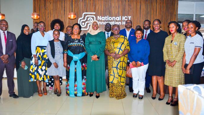 Ps. of the Ministry of ICT and National Guidance, Dr. Aminah Zawedde, State Minister of ICT; Hon. Joyce Nabbosa Ssebugwawo, and UNDP Resident Representative, Ms. Elsie Attafuah pose for a group photo with other guest after unveiling the revamped National Innovation Hub situated within the UICT Nakawa Campus.