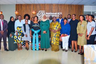 Ps. of the Ministry of ICT and National Guidance, Dr. Aminah Zawedde, State Minister of ICT; Hon. Joyce Nabbosa Ssebugwawo, and UNDP Resident Representative, Ms. Elsie Attafuah pose for a group photo with other guest after unveiling the revamped National Innovation Hub situated within the UICT Nakawa Campus.