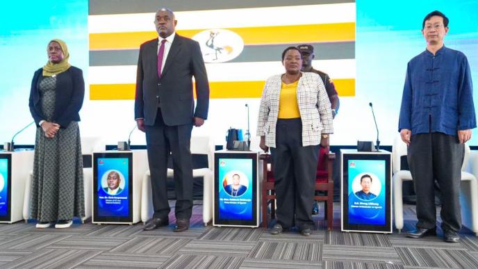 (L-R): Permanent Secretary Ministry of ICT; Dr. Aminah Zawedde, Hon. Dr. Chris Bayromunsi; Minister of ICT and National Guidance, Prime Minister; Rt. Hon. Robinah Nabbanja, and Chinese Ambassador to Uganda Zhang Lizhong at the 2024 National ICT Job Fair held at at the National ICT Innovation Hub in Nakawa. Courtesy Photo