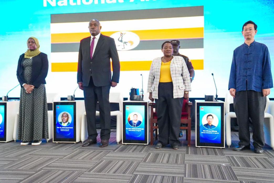 (L-R): Permanent Secretary Ministry of ICT; Dr. Aminah Zawedde, Hon. Dr. Chris Bayromunsi; Minister of ICT and National Guidance, Prime Minister; Rt. Hon. Robinah Nabbanja, and Chinese Ambassador to Uganda Zhang Lizhong at the 2024 National ICT Job Fair held at at the National ICT Innovation Hub in Nakawa. Courtesy Photo