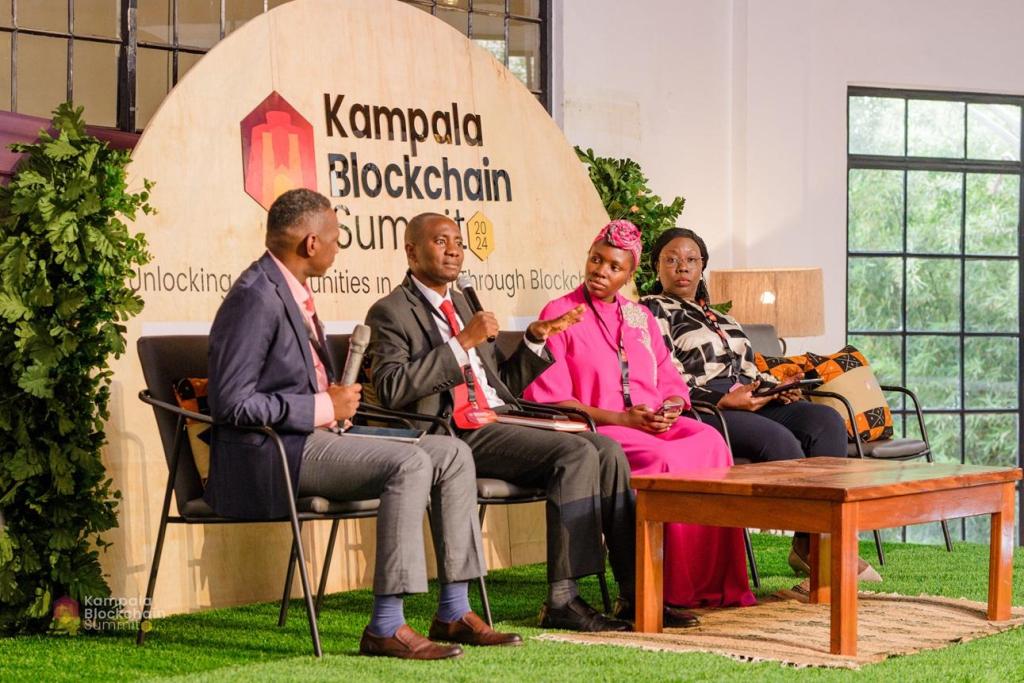 (L-R): Alan Lwetabe; Director Investments at DPF Uganda, Andrew Kawere; Deputy Director of Payment System Oversight and Policy, National Payment System Depart at Bank of Uganda, Sherifah Tumusiime; Senior Systems Officer at FIA Uganda, and Josephine Okul Ossiya; CEO of Capital Markets Authority, Uganda during a panel session at the Kampala Blockchain Summit, discussing "Regulatory Perspectives on Usage of Blockchain Technology". PHOTO: NZE EVE Photography