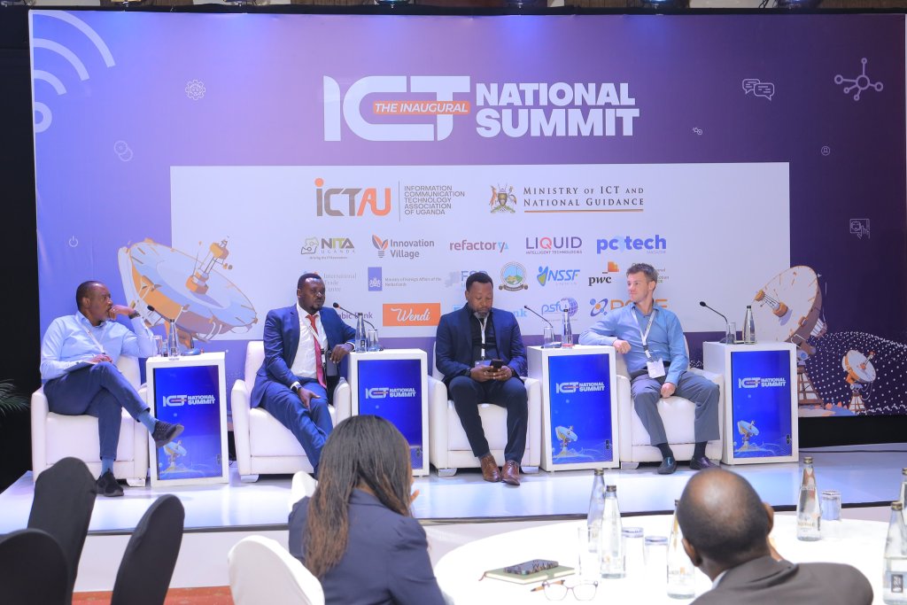 In pictorial (left to right): Badru Ntege; Director of NFT Consult, Patrick Okoth; Project Manager of Government Networks at NITA Uganda, Byaruhanga James; Executive Director of Roke Telkom Uganda, and Kyle Spencer, Executive Director of Uganda Internet Exchange Point in panel discussion at the ICT National Summit. Courtesy Photo