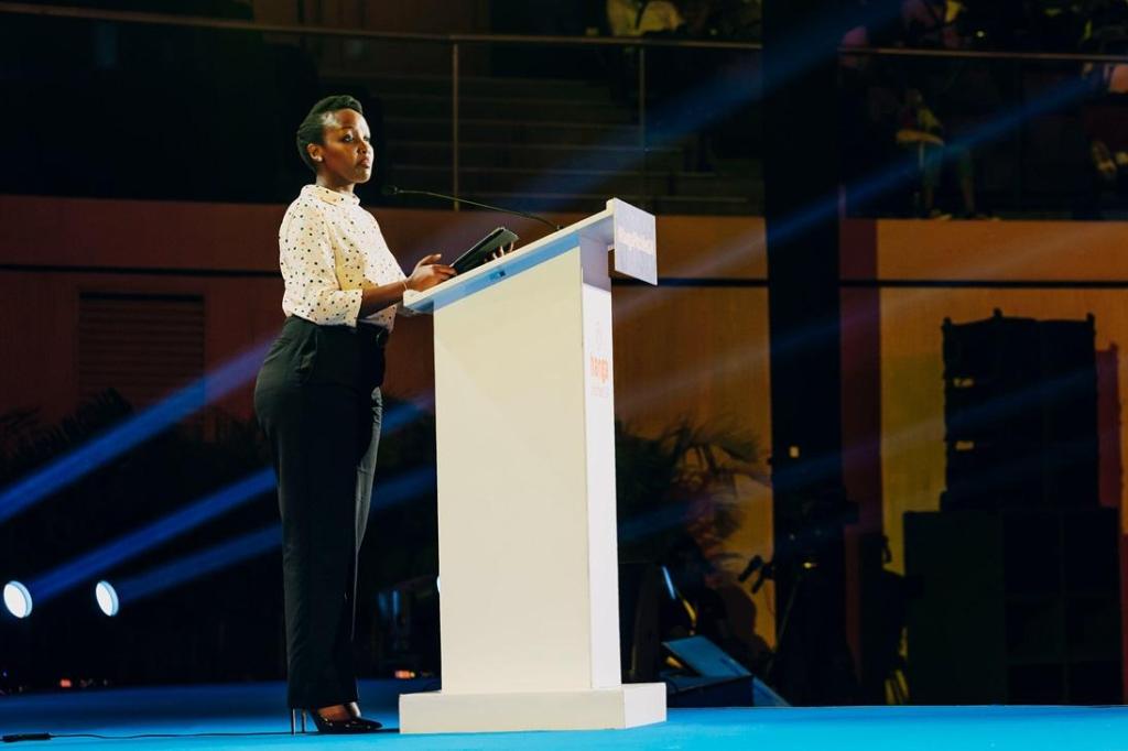 Hon. Paula Ingabire, Minister of ICT and Innovation, Rwanda speaking at the Hanga Pitchfest grand finale and Youth Connekt 2024 summit. Courtesy Photo: Hanga Pitchfest