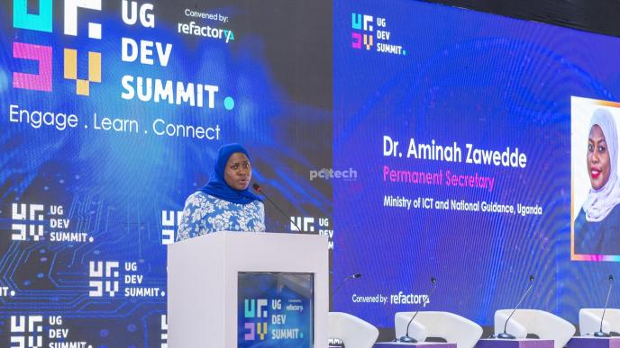 The Permanent Secretary for the Ministry of ICT and National Guidance, Dr. Aminah Zawedde speaking at the inaugural Uganda Developers Summit (UG Dev Summit).