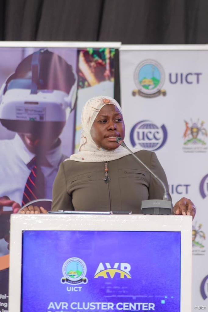 Dr. Aminah Zawedde,, Permanent Secretary for the Ministry of ICT and National Guidance speaking at the launch of the AVR Cluster Center at UICT. Courtesy Photo/UICT